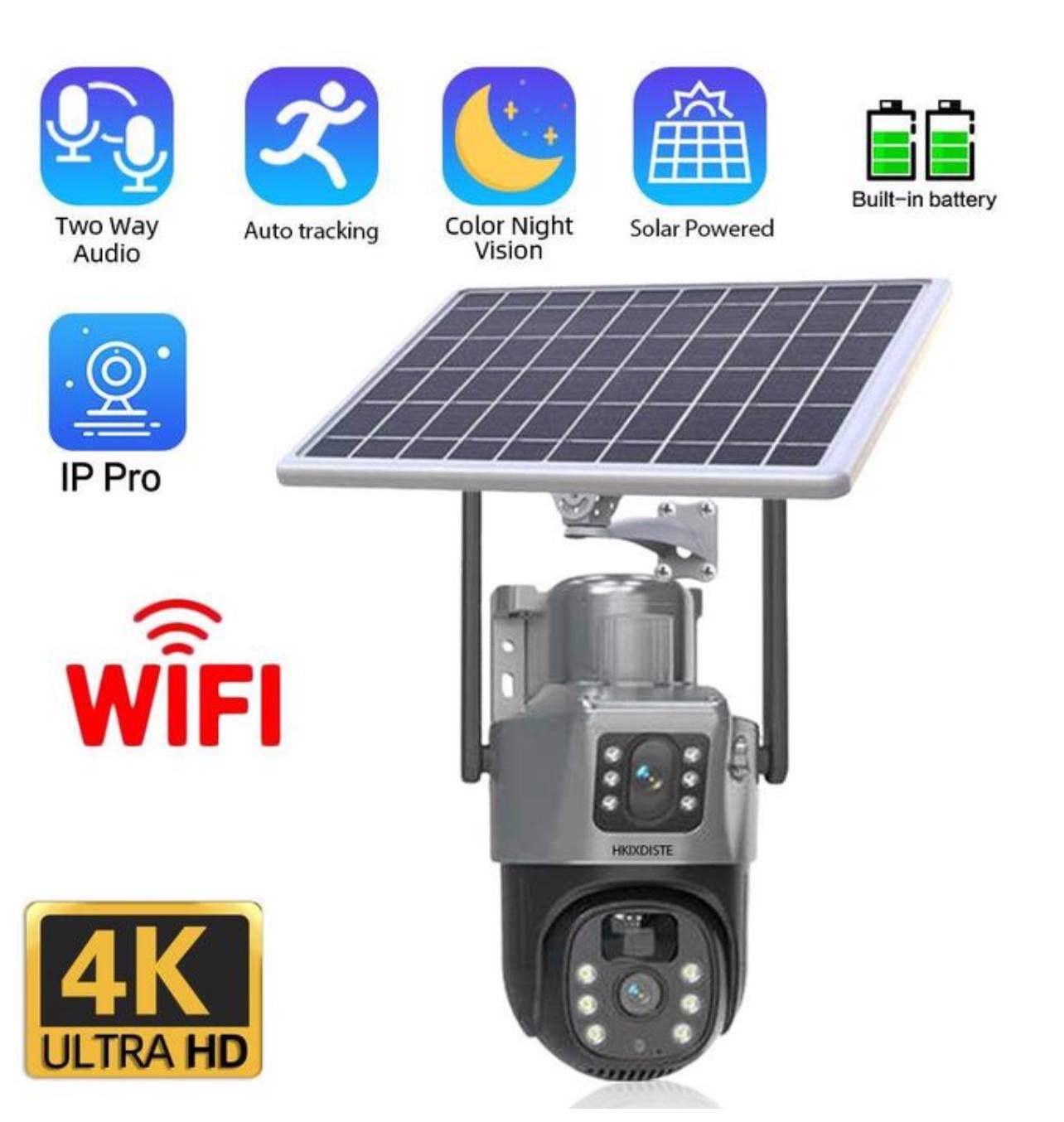 4K Wifi Solar Surveillance System, Dual Camera lens Outdoor Waterproof with Auto-Tracing and Night Vision